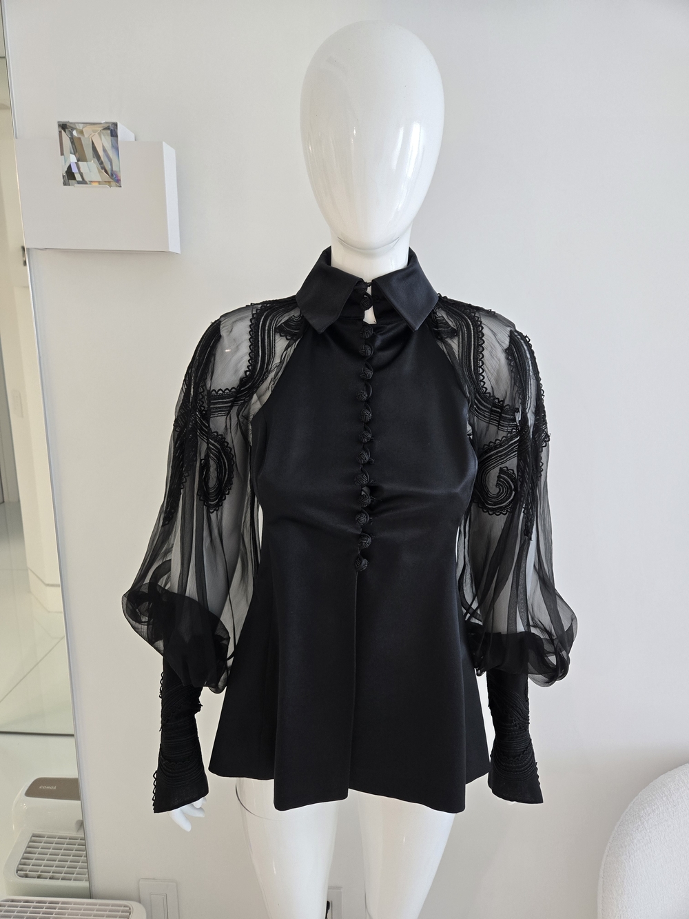 Gianfranco Ferré Black Sheer Paneled Silk-Blend Blouse